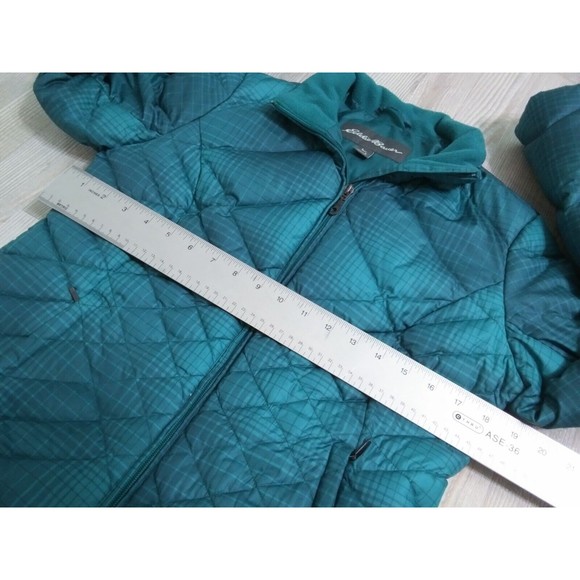 Eddie Bauer Women's Small Goose Down Jacket Green Plaid Puffer Quilted Ski Coat - Picture 11 of 11